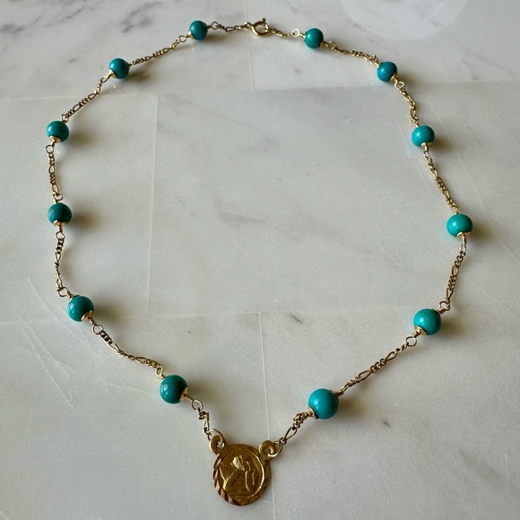 14KYELLOW GOLD GENIUNE Blue TURQUOISE 16”NECKLACE 7.1 GR